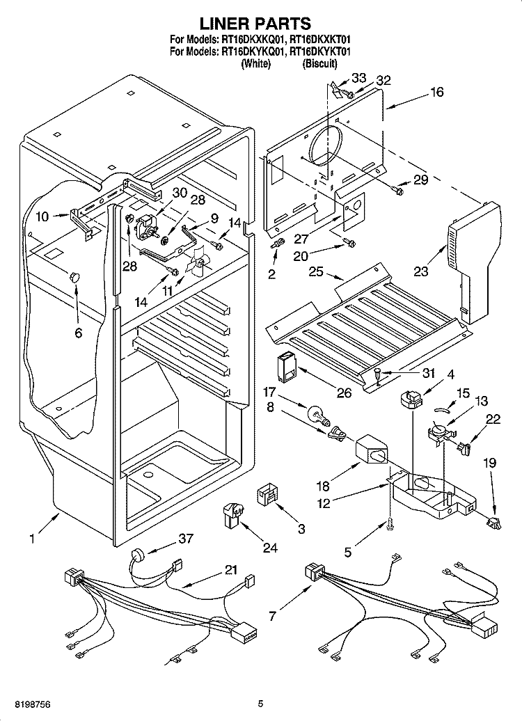 LINER PARTS Diagram and Parts List for RT16DKYKT01  Roper Refrigerator