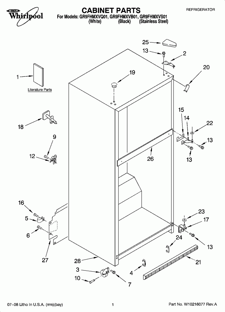 CABINET PARTS Diagram and Parts List for GR9FHMXVB01  Whirlpool Refrigerator