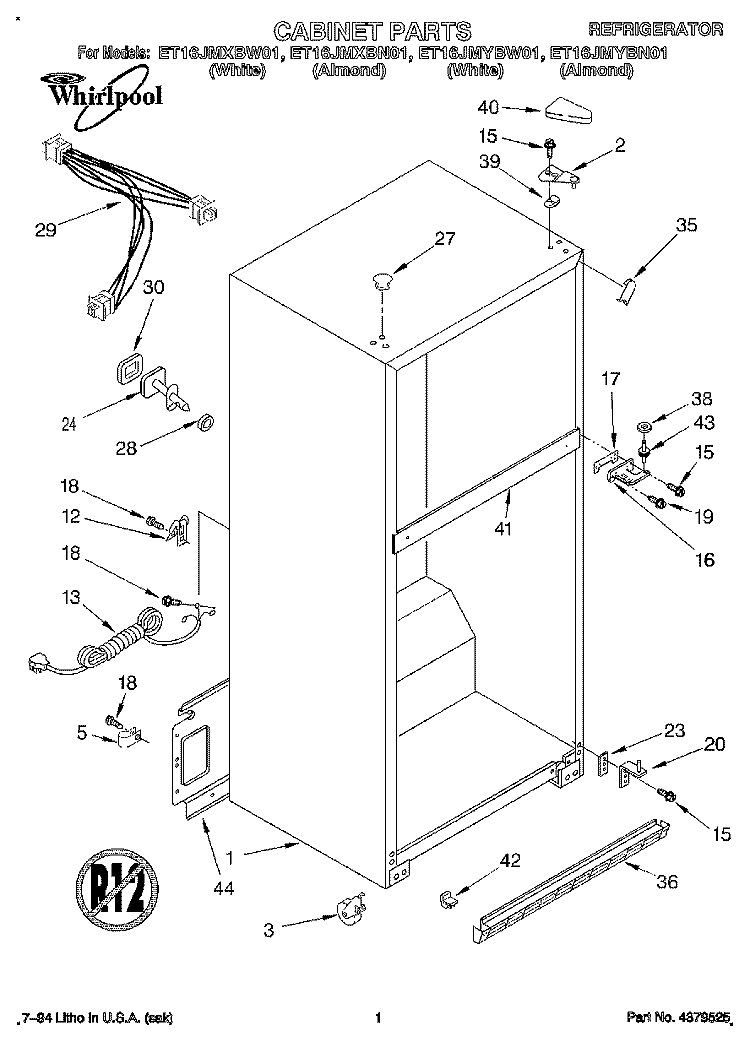 CABINET Diagram and Parts List for ET16JMXBW01  Whirlpool Refrigerator