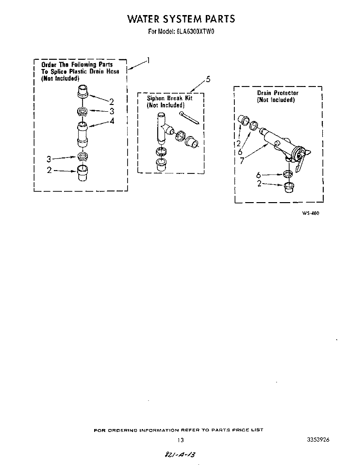 WATER SYSTEM, LITERATURE AND OPTIONAL Diagram and Parts List for 6LA6300XTW0  Whirlpool Washer