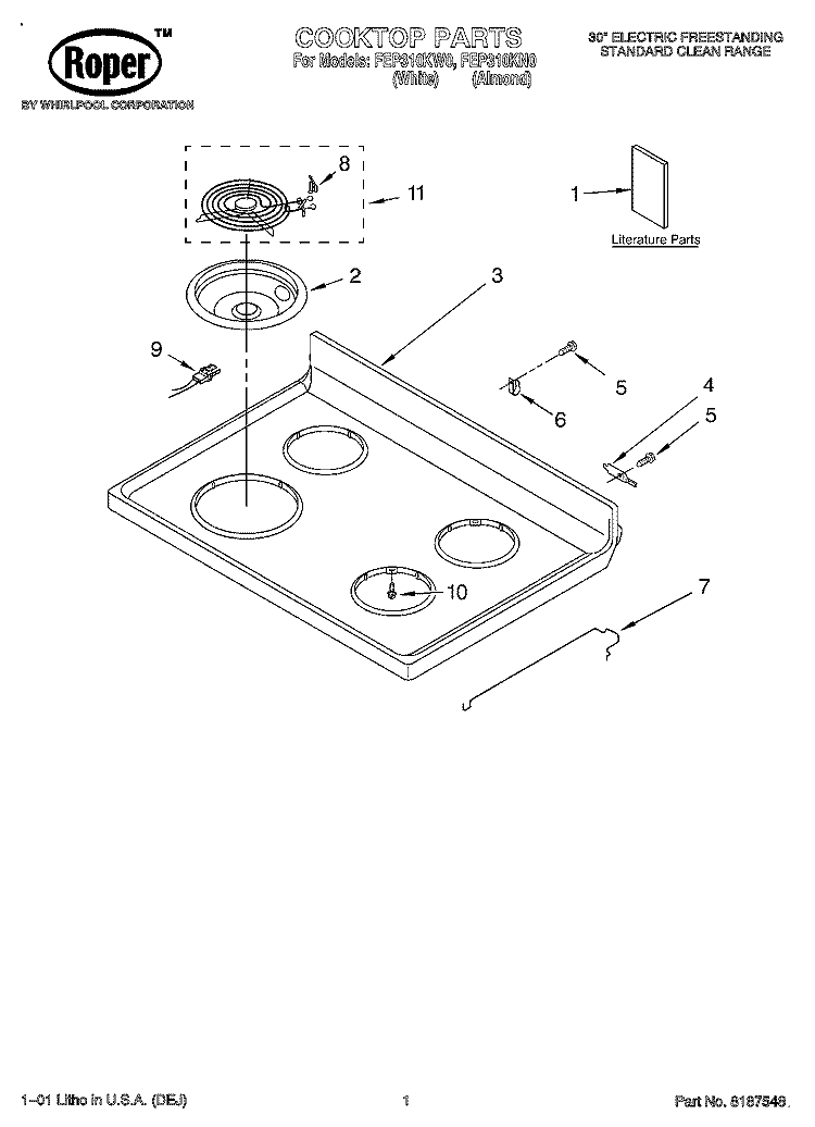 COOKTOP, LITERATURE Diagram and Parts List for FEP310KW0  Roper Range
