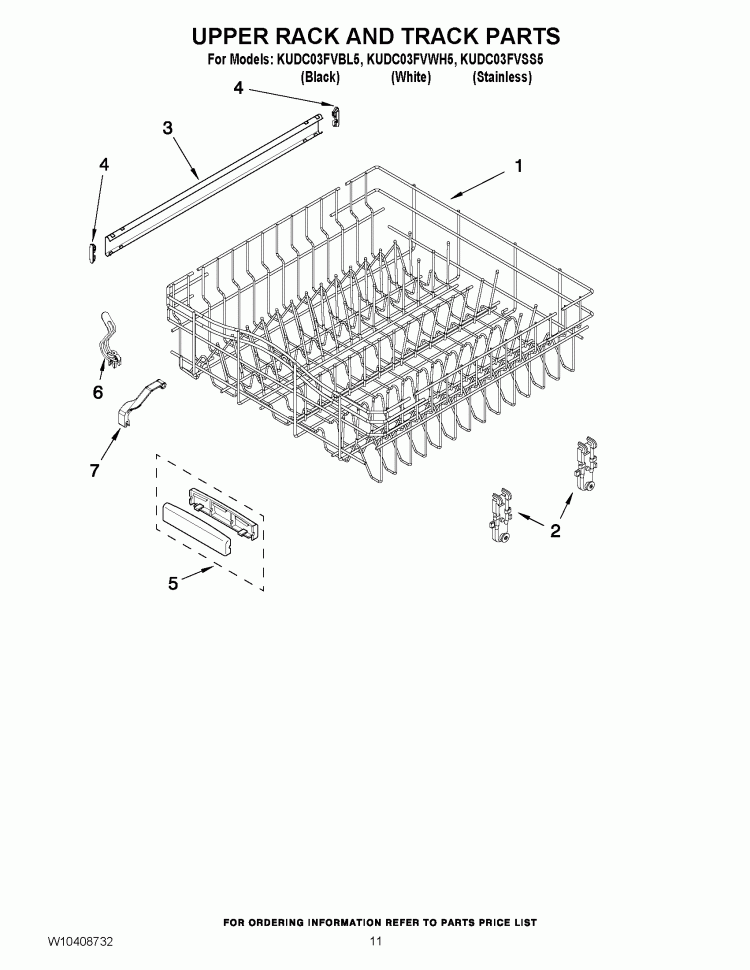 UPPER RACK AND TRACK PARTS Diagram and Parts List for KUDC03FVBL5  KitchenAid Dishwasher