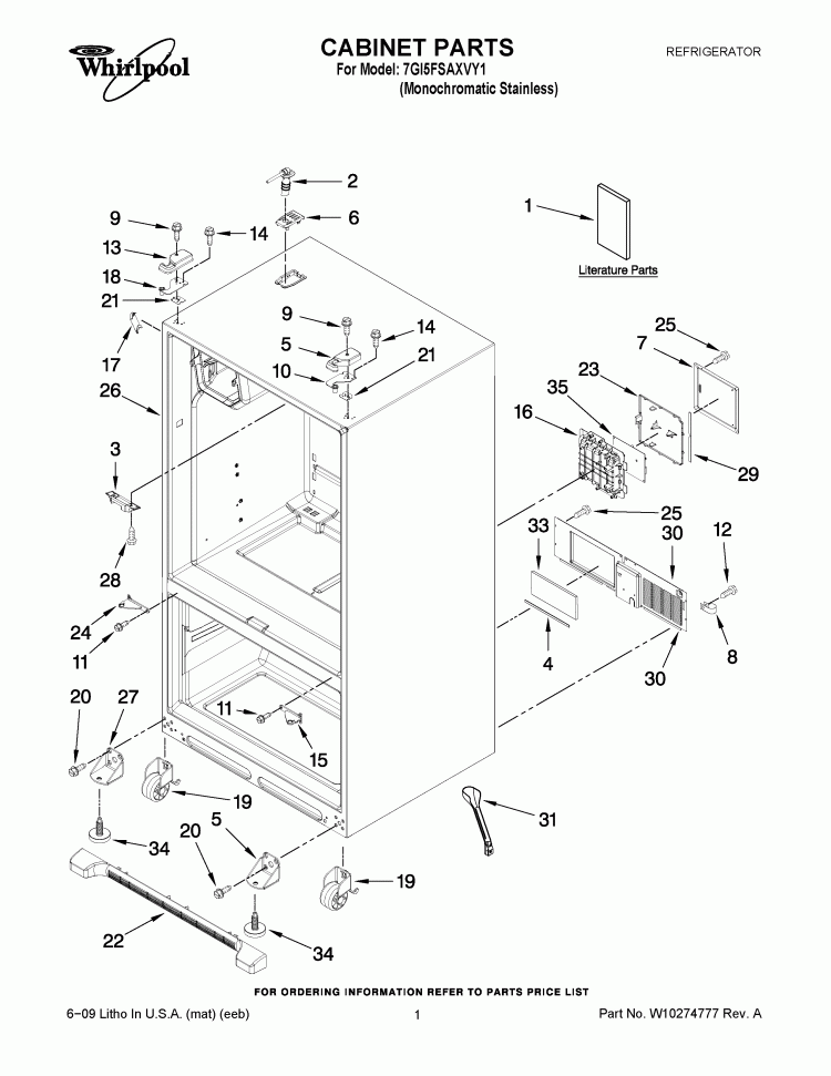 CABINET PARTS Diagram and Parts List for 7GI5FSAXVY1  Whirlpool Refrigerator