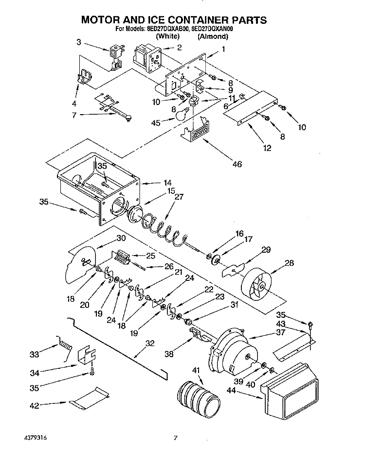 MOTOR AND ICE CONTAINER Diagram and Parts List for 8ED27DQXAN00  Whirlpool Refrigerator