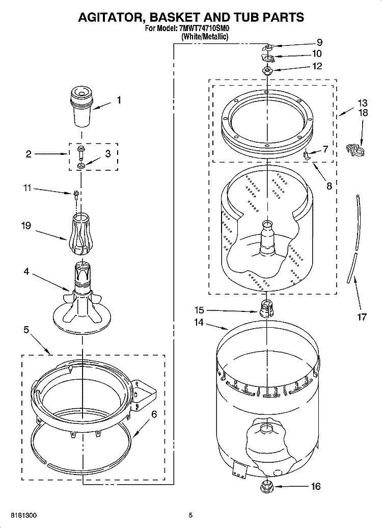 AGITATOR, BASKET AND TUB PARTS Diagram and Parts List for 7MWT74710SM0  Whirlpool Washer