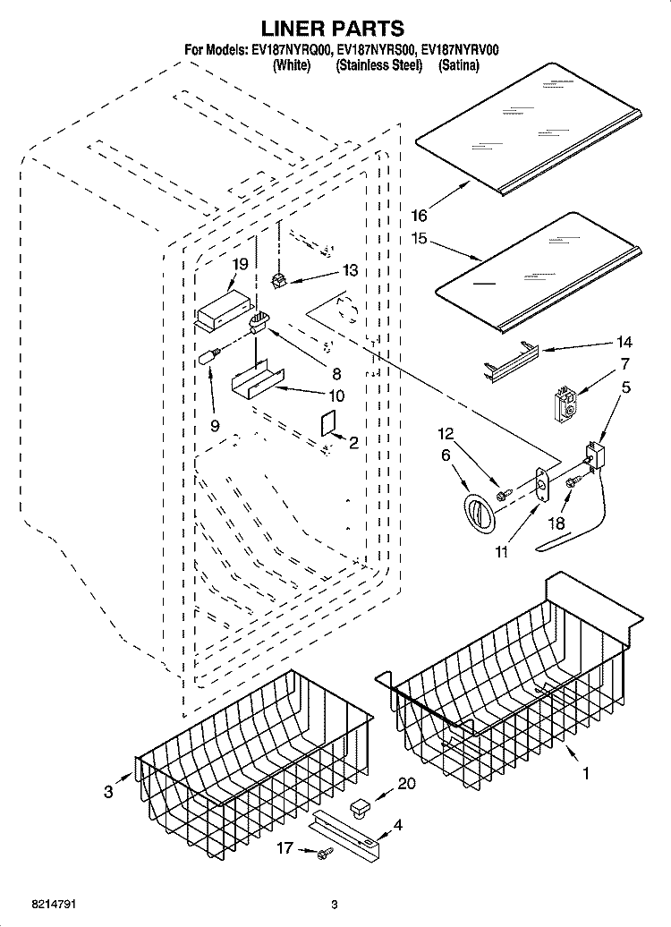 LINER PARTS Diagram and Parts List for EV187NYRS00  Whirlpool Freezer