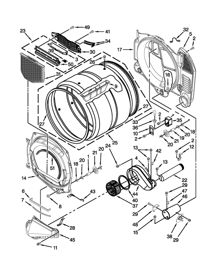 Bulkhead Parts Diagram and Parts List for WGD9050XW3  Whirlpool Dryer