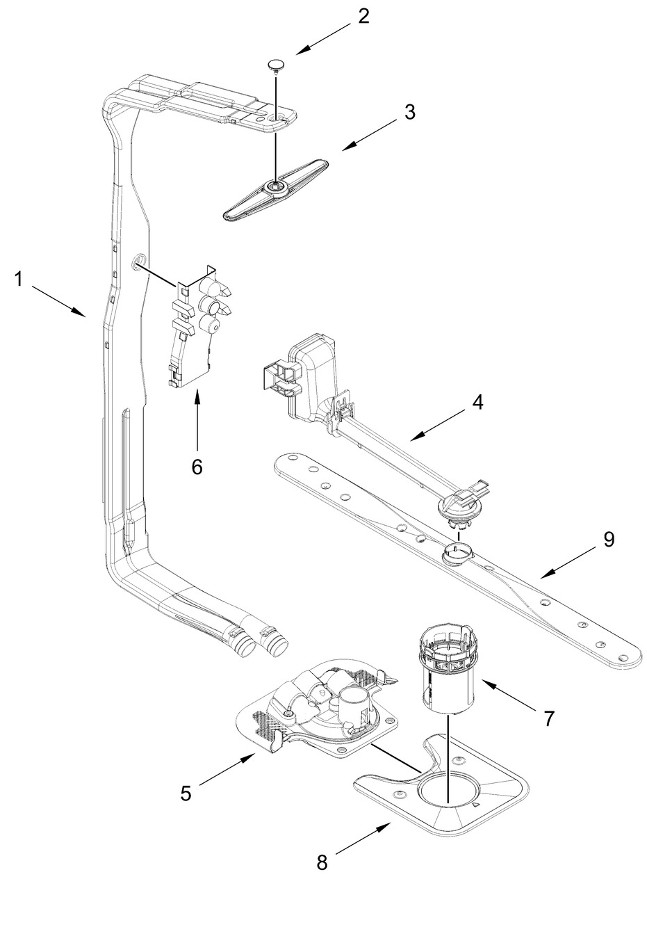Upper Wash And Rinse Parts Diagram and Parts List for WDT751SAPZ2  Whirlpool Dishwasher