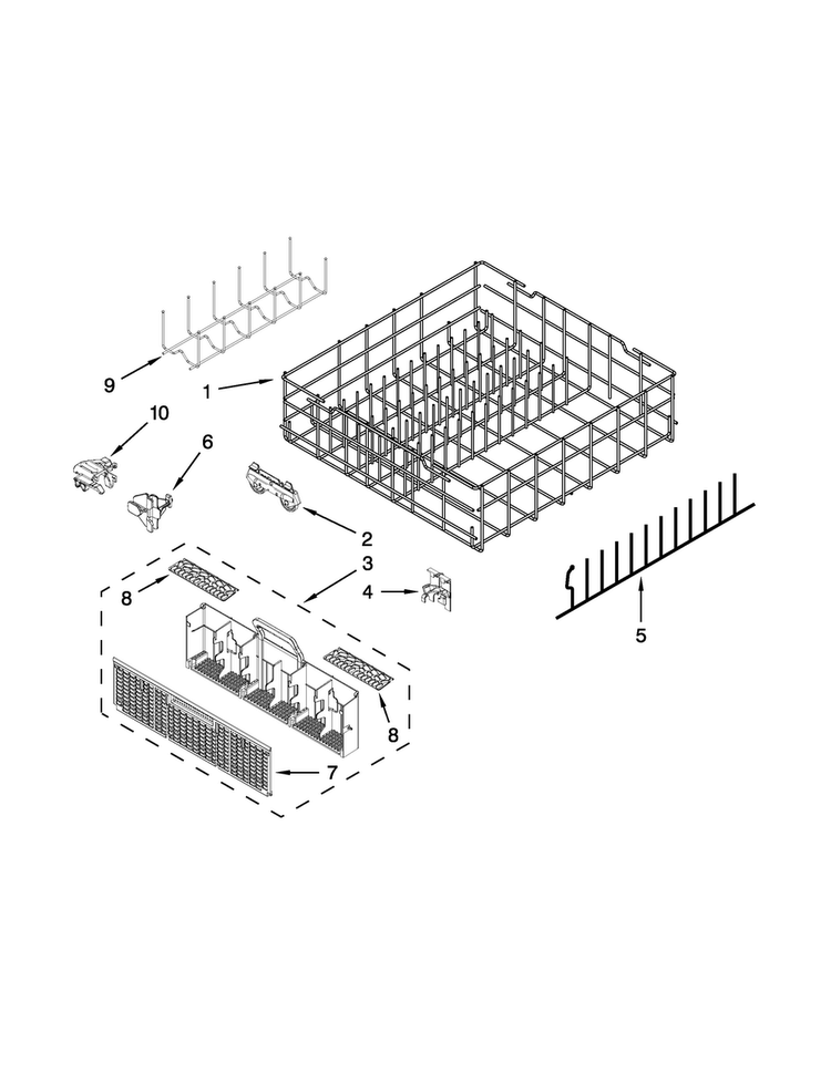 Lower Rack Parts Diagram and Parts List for WDF730PAYW7  Whirlpool Dishwasher