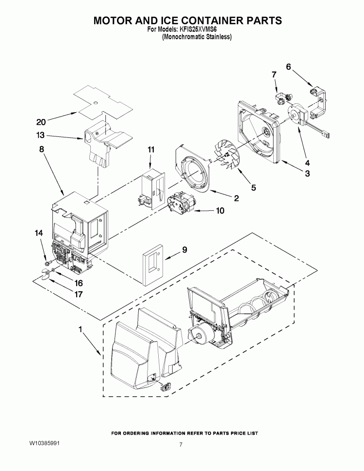 MOTOR AND ICE CONTAINER PARTS Diagram and Parts List for KFIS25XVMS6  KitchenAid Refrigerator