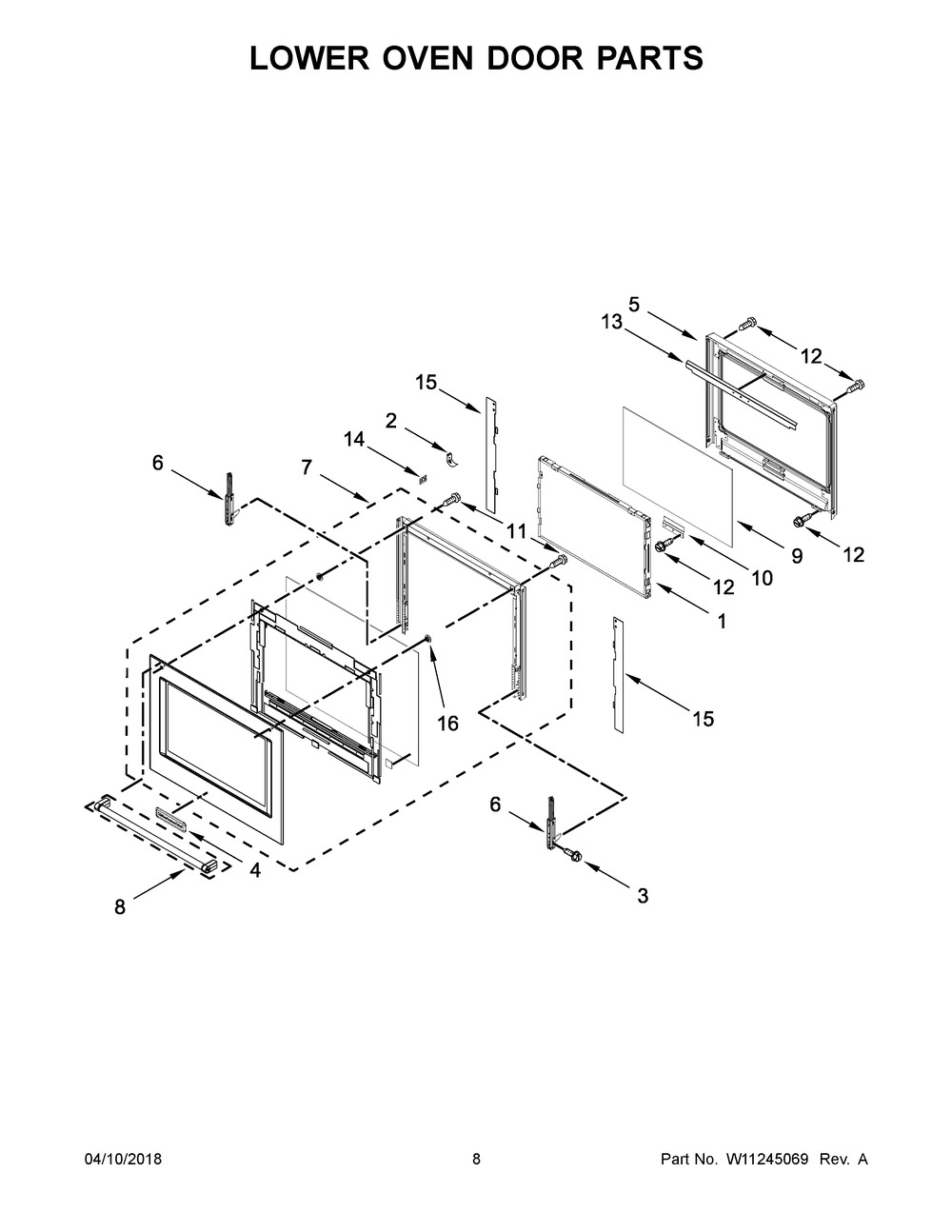 Lower Oven Door Parts Diagram and Parts List for KODE500EBL04  Whirlpool Wall Oven