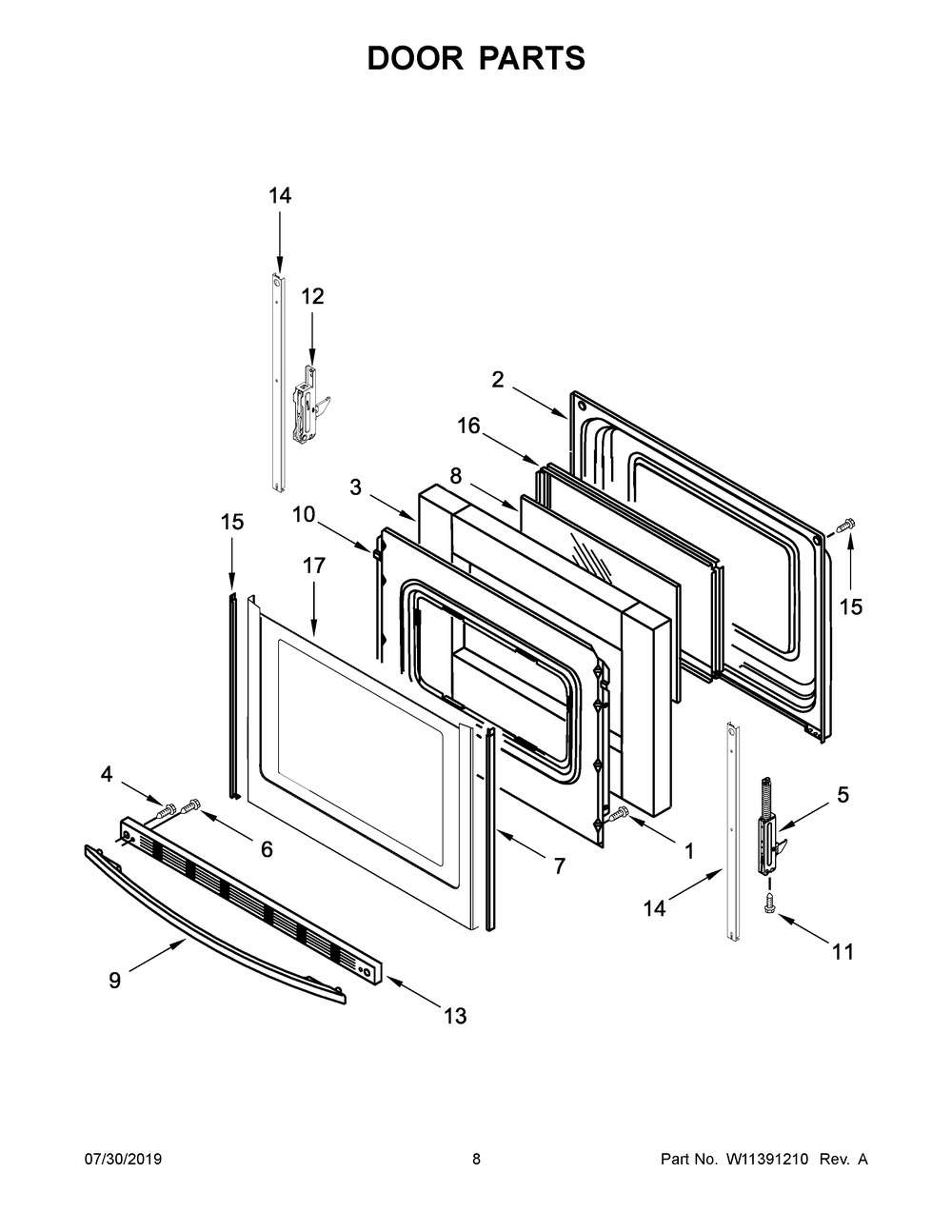 Door Parts Diagram and Parts List for WFC310S0ES4  Whirlpool Range