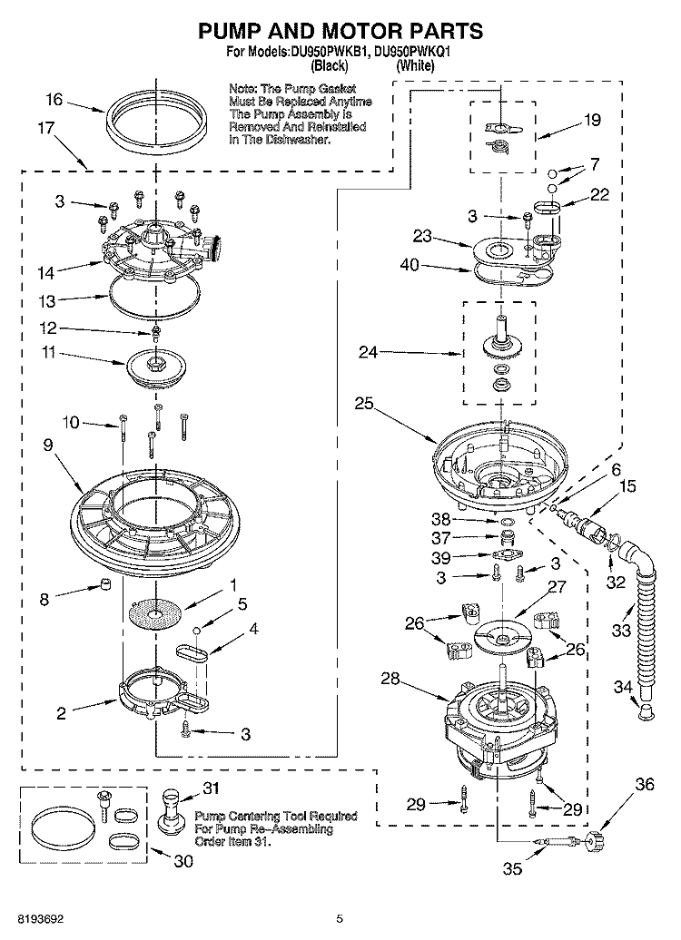 PUMP AND MOTOR Diagram and Parts List for DU950PWKB1  Whirlpool Dishwasher