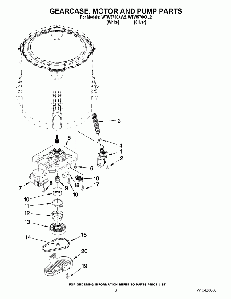 GEARCASE, MOTOR AND PUMP PARTS Diagram and Parts List for WTW5700XW2  Whirlpool Washer