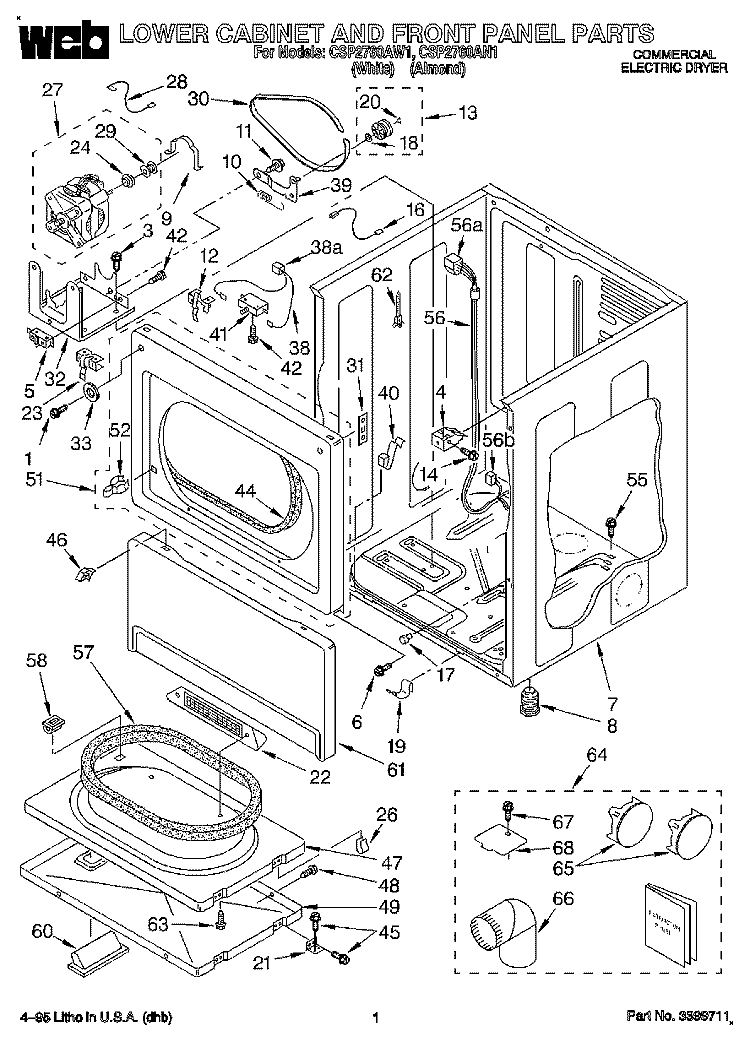 LOWER CABINET AND FRONT PANEL Diagram and Parts List for CSP2760AW1  Whirlpool Dryer