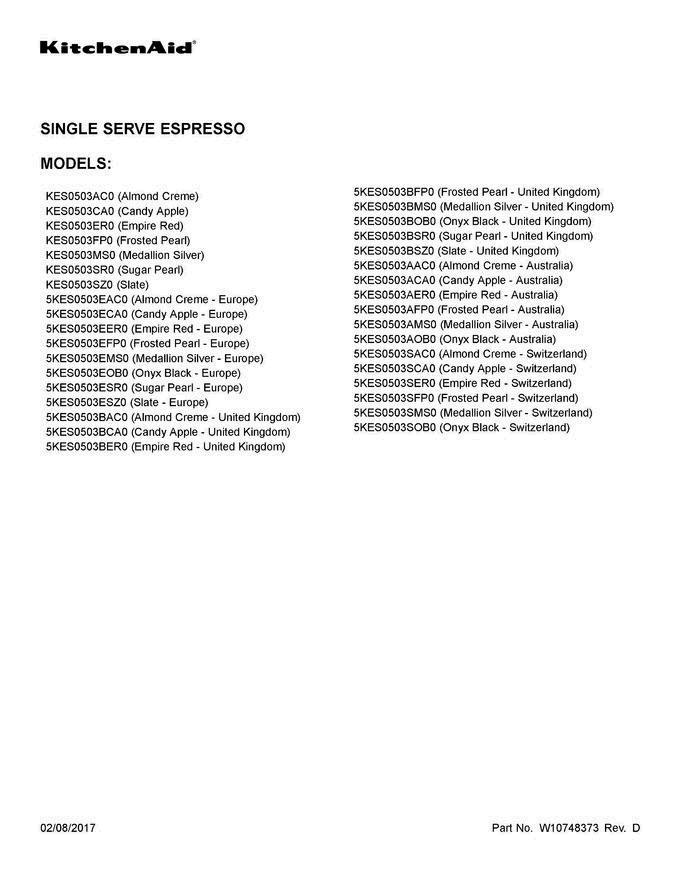 01 - Cover Sheet Diagram and Parts List for 5KES0503AAC0  KitchenAid Coffee Maker