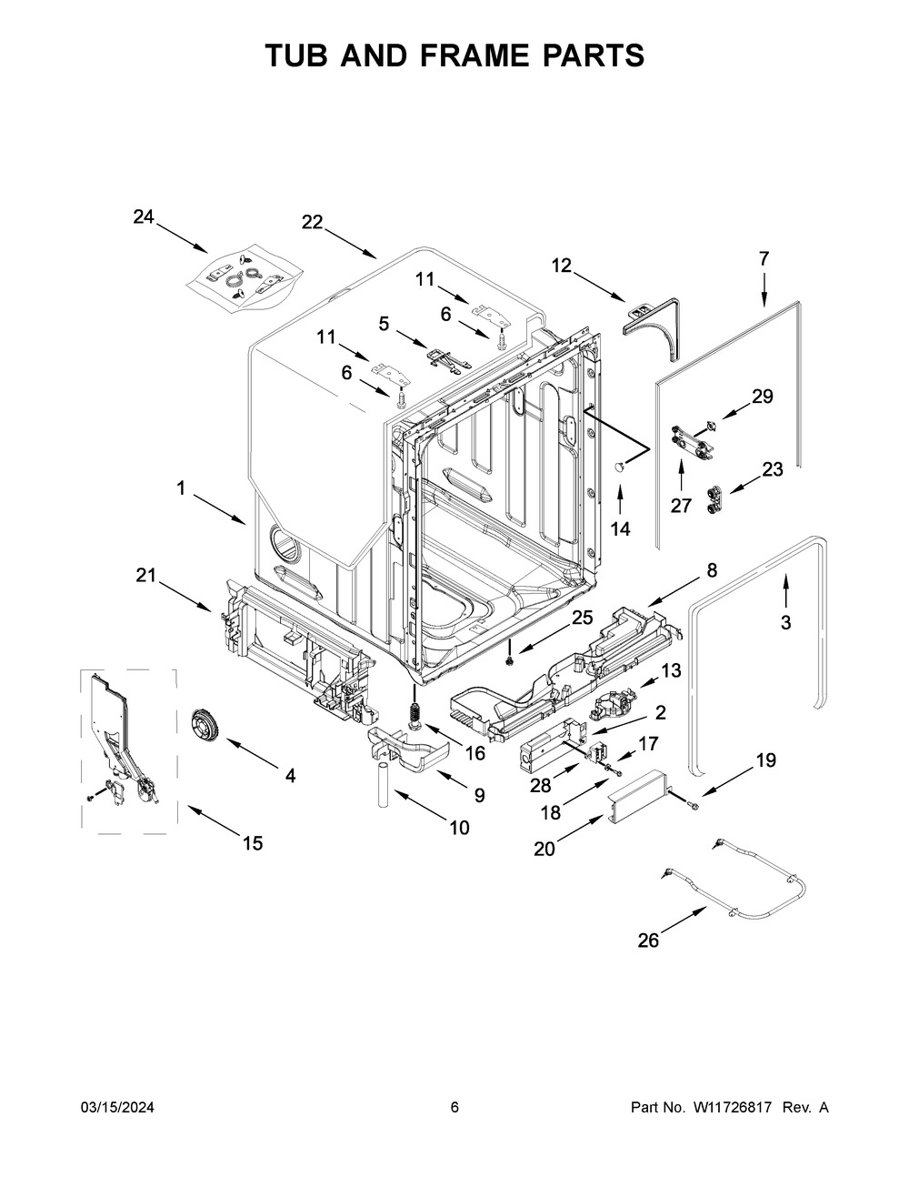 Tub And Frame Parts Diagram and Parts List for WDT751SAPZ1  Whirlpool Dishwasher