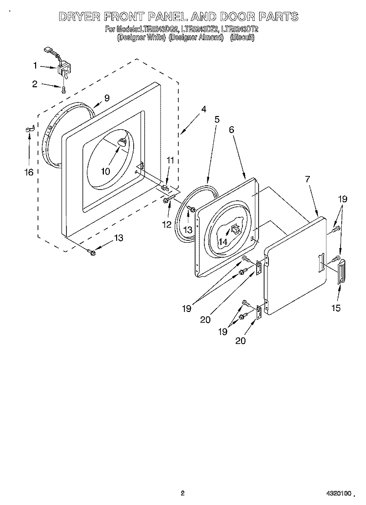 DRYER FRONT PANEL AND DOOR Diagram and Parts List for LTE5243DQ2  Whirlpool Washer Dryer Combo