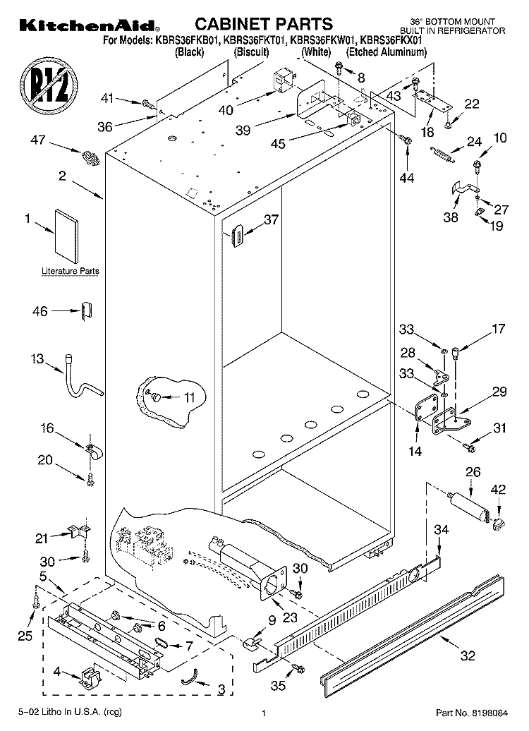 CABINET, LITERATURE Diagram and Parts List for KBRS36FKW01  KitchenAid Refrigerator