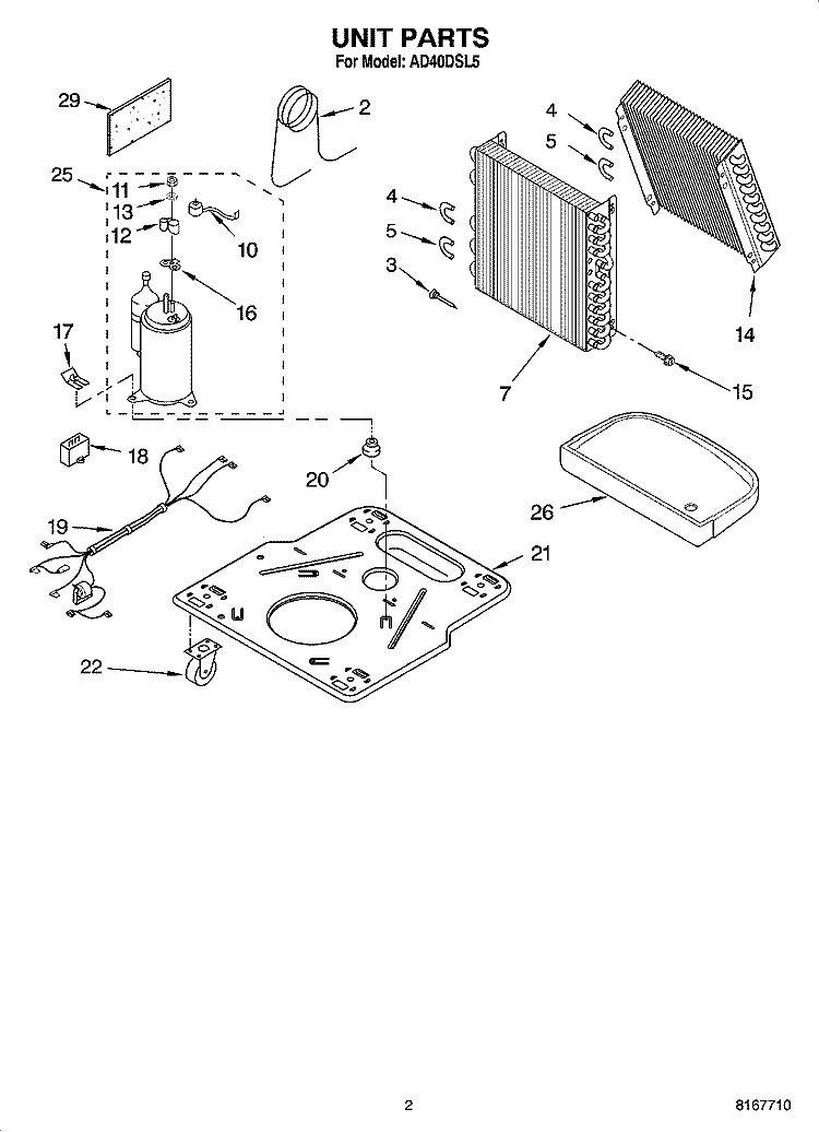 UNIT PARTS Diagram and Parts List for AD40DSL5  Whirlpool Dehumidifier