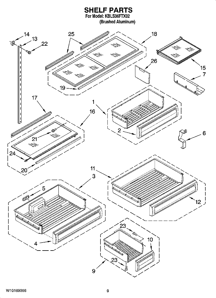 SHELF PARTS Diagram and Parts List for KBLS36FTX02  KitchenAid Refrigerator