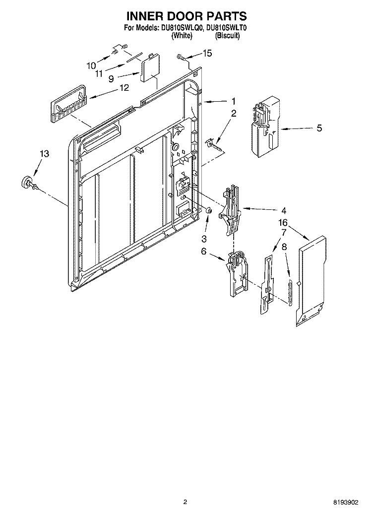 INNER DOOR PARTS Diagram and Parts List for DU810SWLQ0  Whirlpool Dishwasher