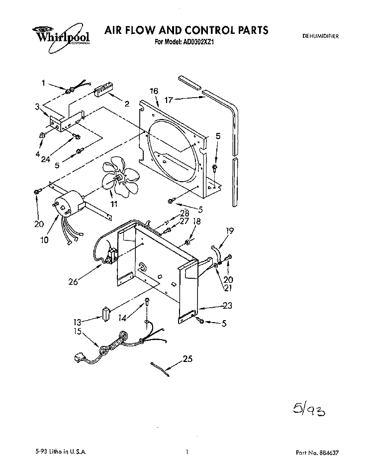 AIR FLOW AND CONTROL Diagram and Parts List for AD0302XZ1  Whirlpool Dehumidifier
