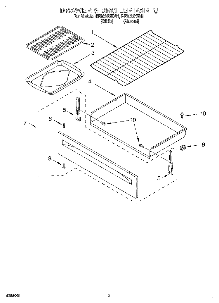 DRAWER & BROILER Diagram and Parts List for RF3020XEW1  Whirlpool Range
