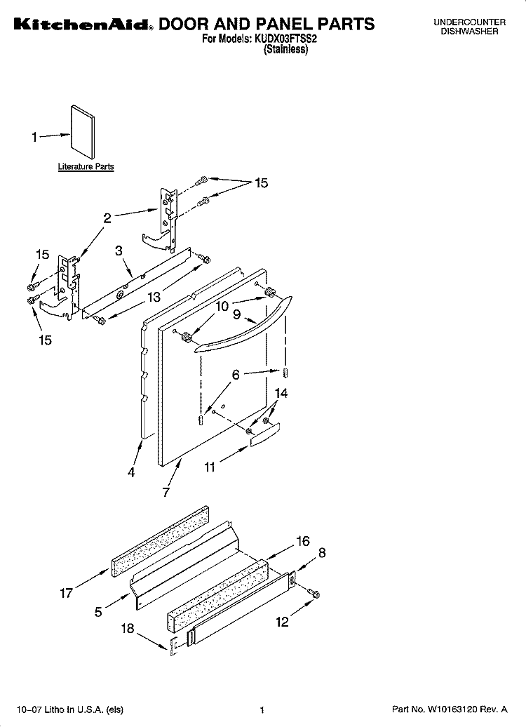 DOOR AND PANEL PARTS Diagram and Parts List for KUDX03FTSS2  KitchenAid Dishwasher