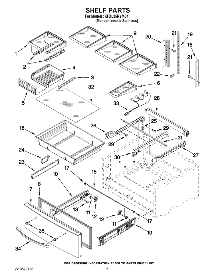 SHELF PARTS Diagram and Parts List for KFXL25RYMS4  KitchenAid Refrigerator