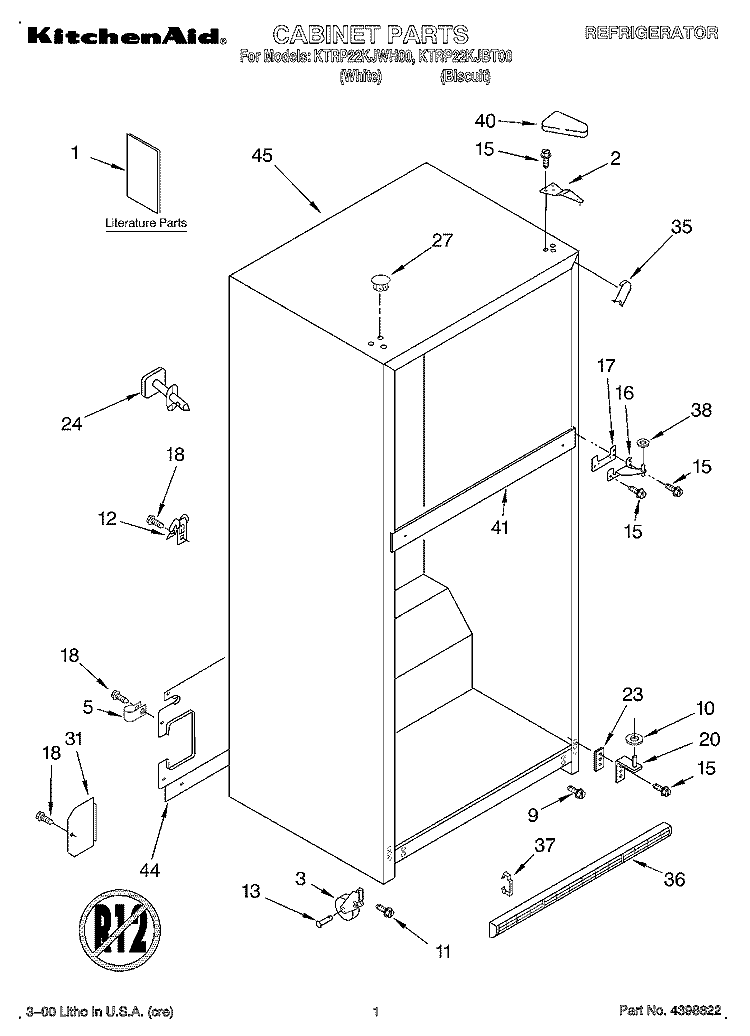 CABINET, LITERATURE Diagram and Parts List for KTRP22KJWH00  KitchenAid Refrigerator