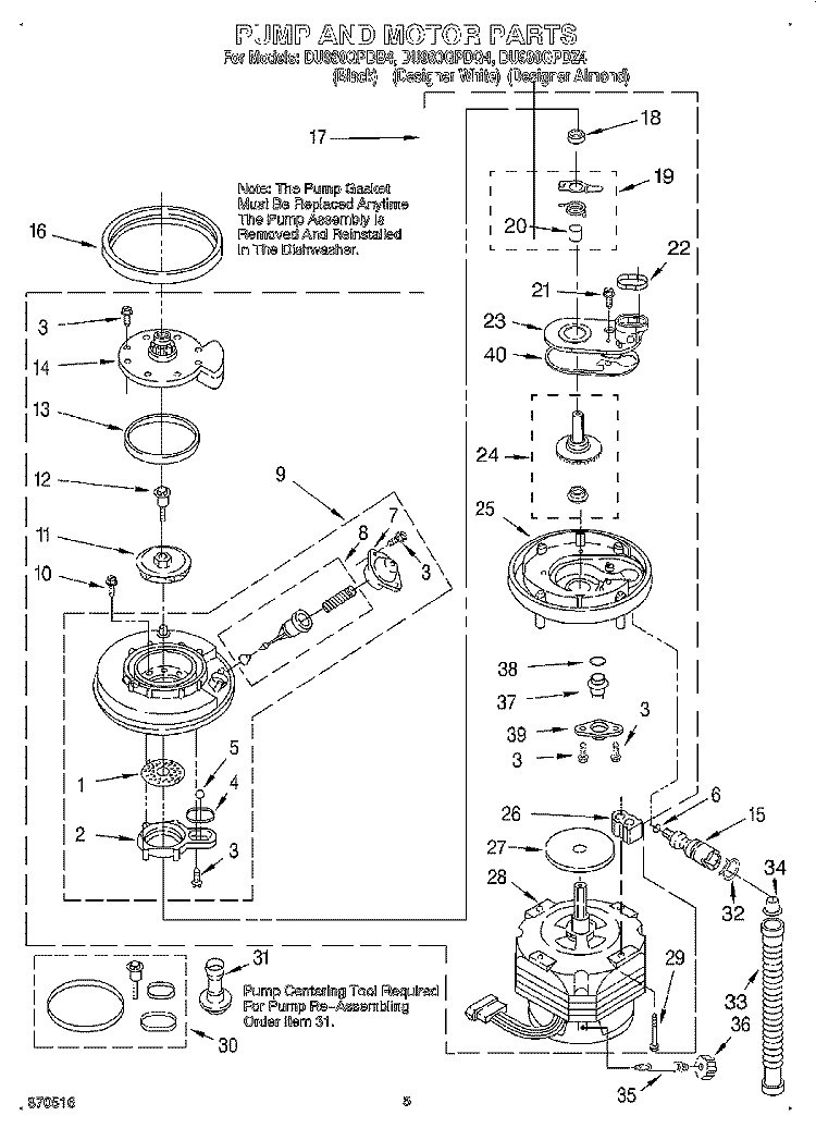 PUMP AND MOTOR Diagram and Parts List for DU980QPDQ4  Whirlpool Dishwasher
