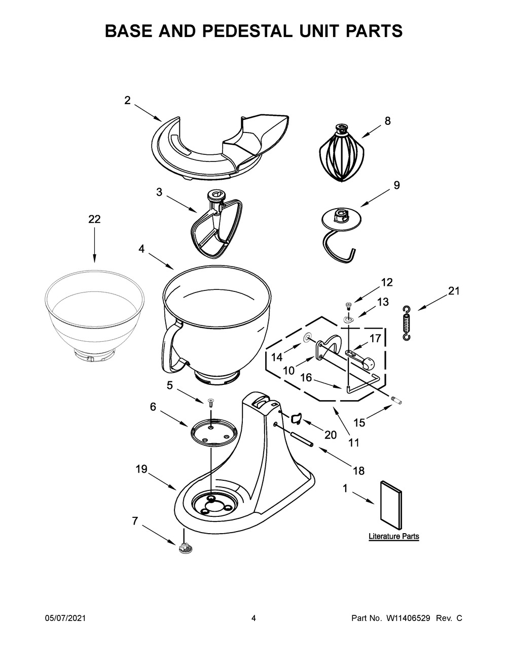 Base And Pedestal Unit Parts Diagram and Parts List for 5KSM185PSEFT4  Whirlpool Mixer