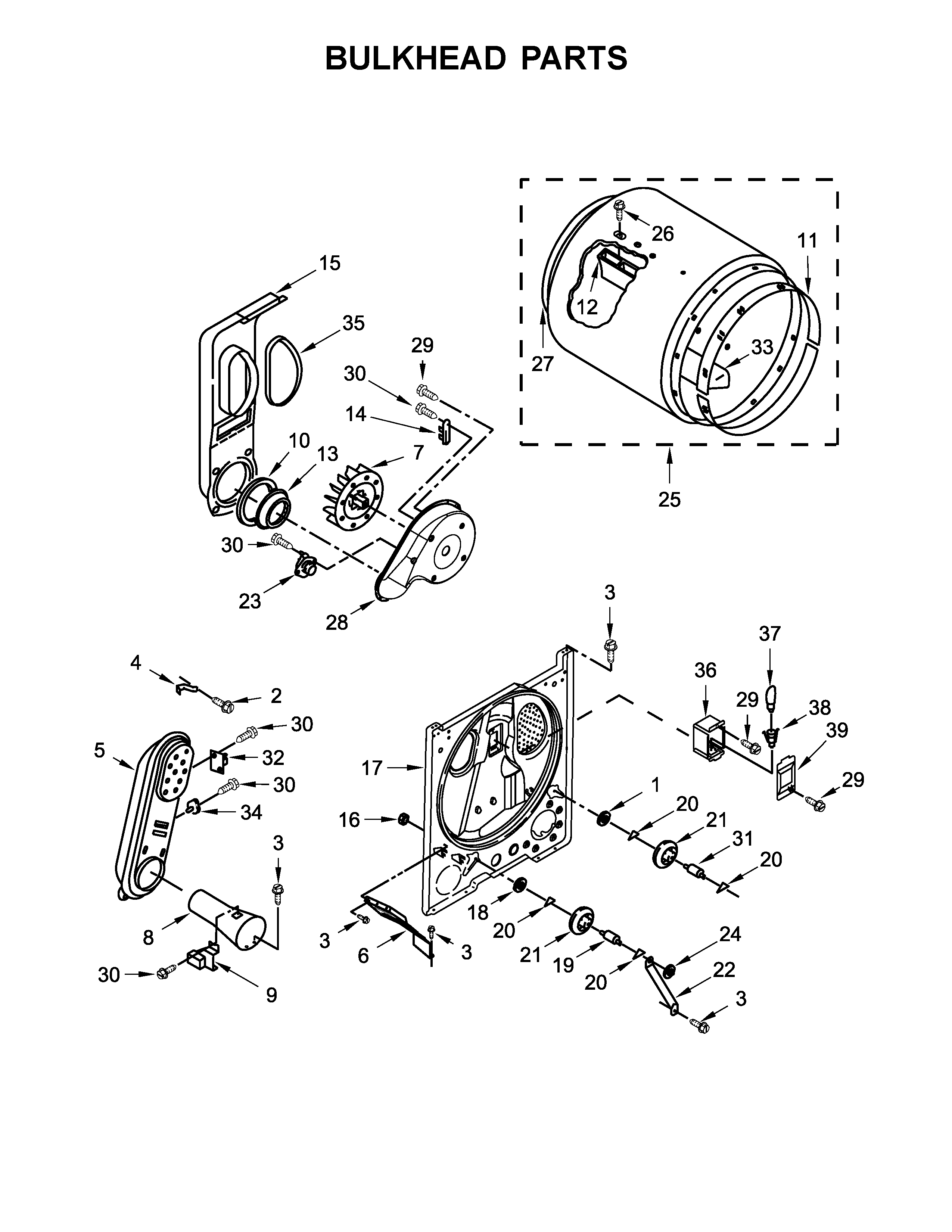 Bulkhead Parts Diagram and Parts List for 11072332510  Kenmore Dryer