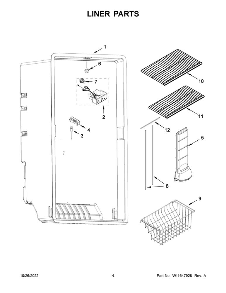 Liner Parts Diagram and Parts List for WZF34X20DW05  Whirlpool Freezer