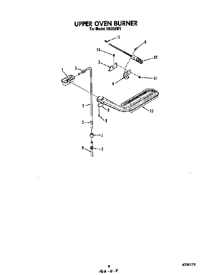 Upper Oven Burner Diagram and Parts List for H6358*1  Roper Range