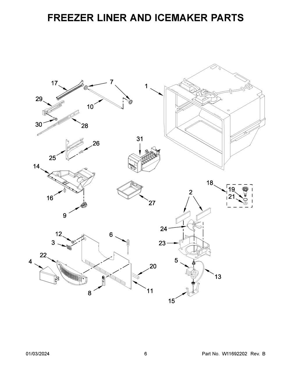 Freezer Liner And Icemaker Parts Diagram and Parts List for WRF535SWHZ11  Whirlpool Refrigerator