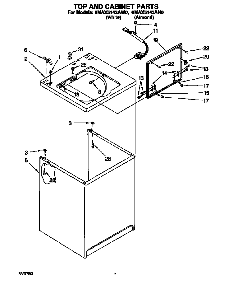 Top And Cabinet Diagram and Parts List for 6MAX5143AN0  Whirlpool Washer