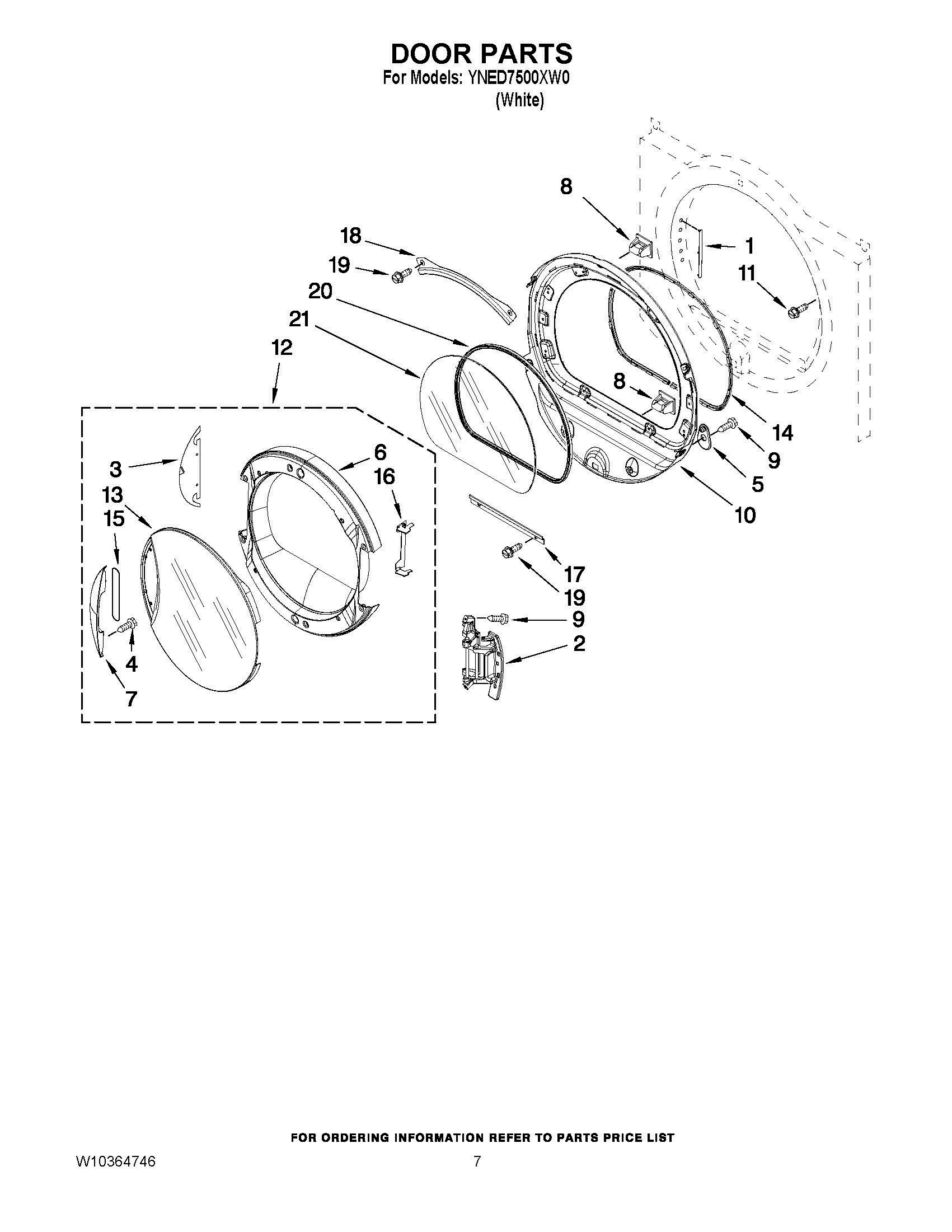 04 - DOOR PARTS Diagram and Parts List for YNED7500XW0  Whirlpool Dryer