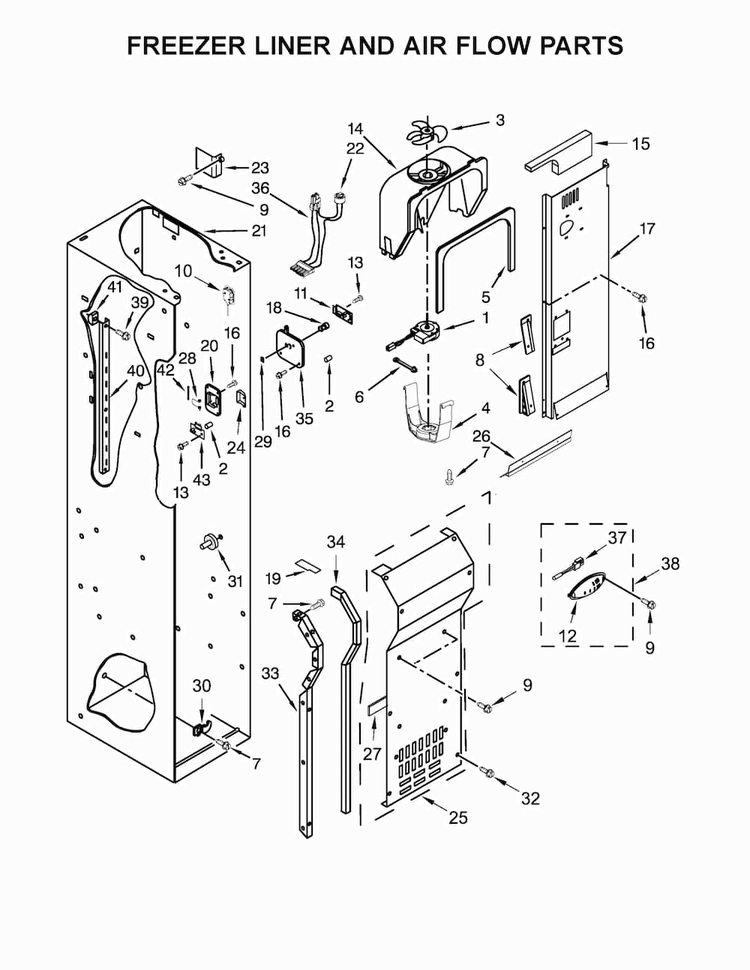 Freezer Liner And Air Flow Parts Diagram and Parts List for KBSD602ESS01  KitchenAid Refrigerator