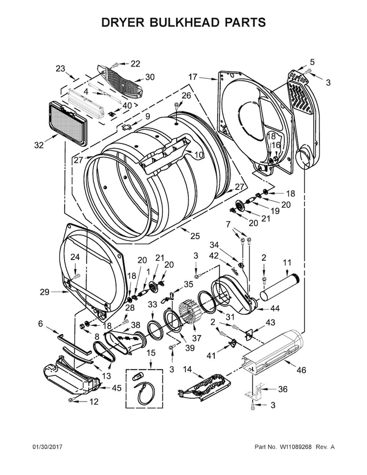 Dryer Bulkhead Parts Diagram and Parts List for WET4027EW1  Whirlpool Washer Dryer Combo