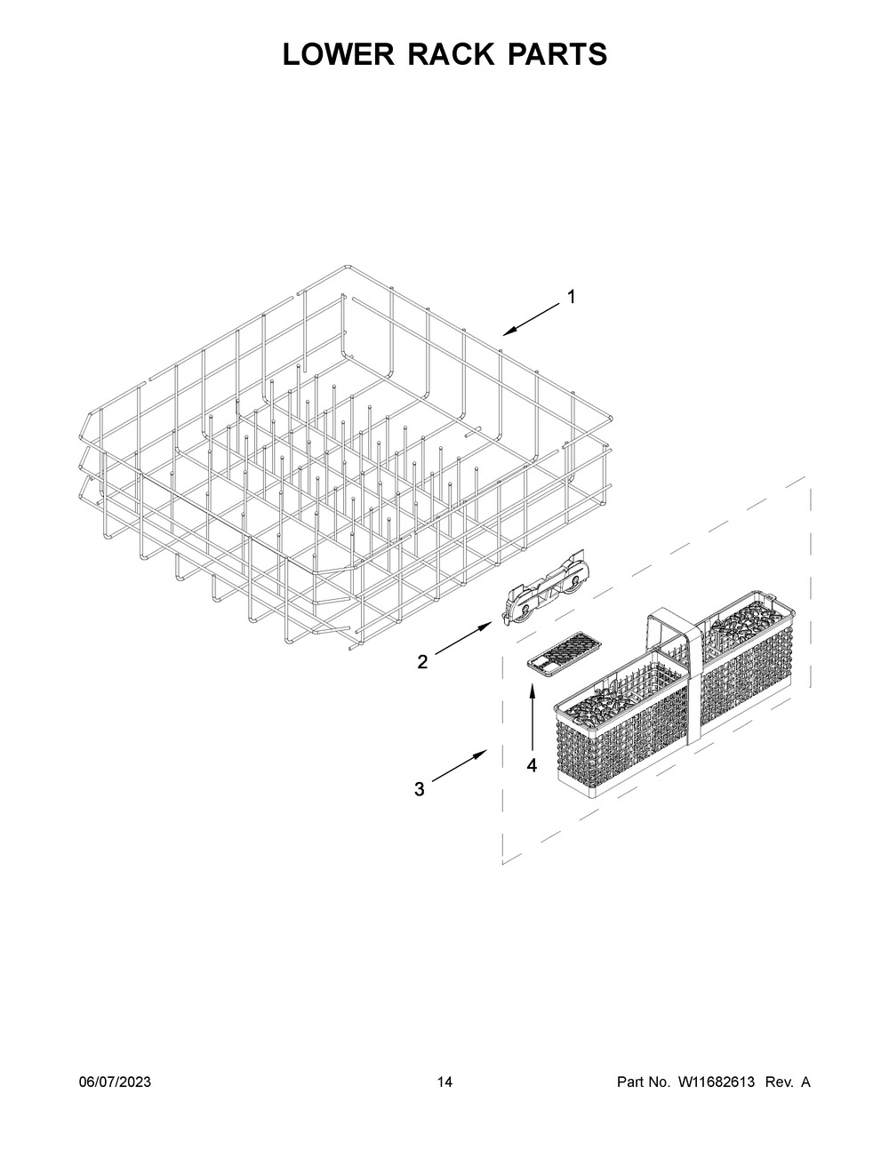 Lower Rack Parts Diagram and Parts List for KDTE204KBL2  KitchenAid Dishwasher