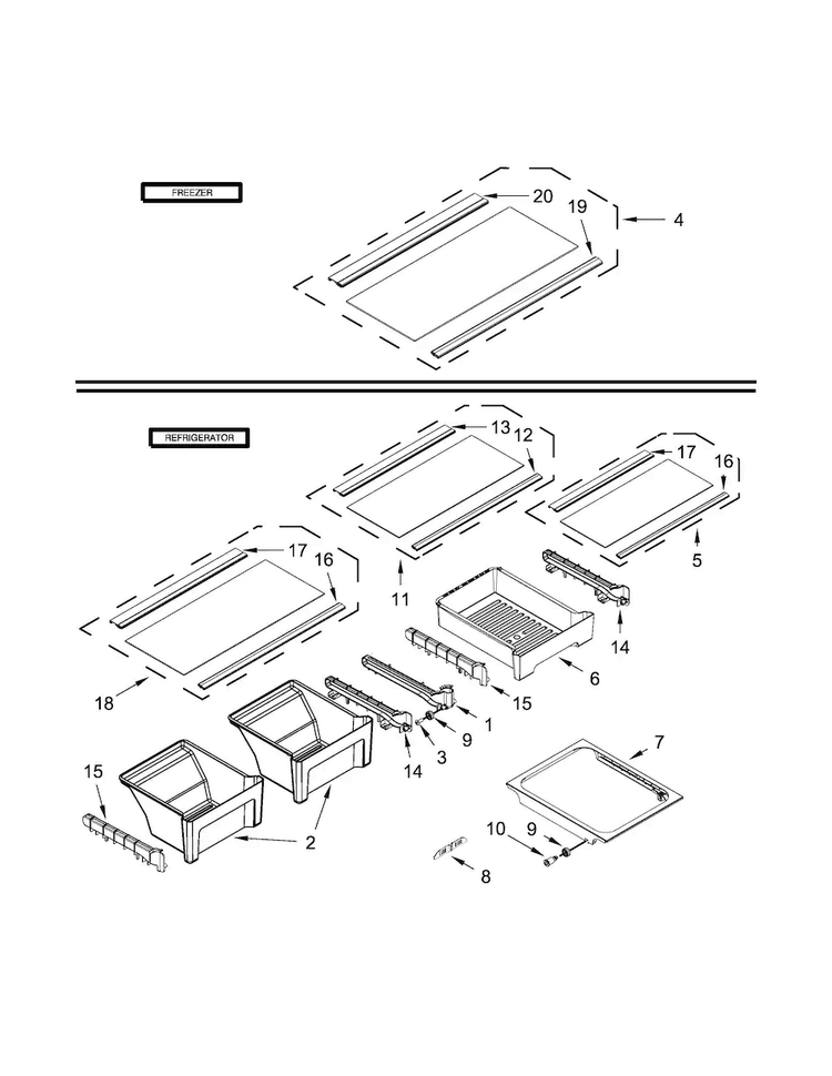 Shelf Parts Diagram and Parts List for WRT148FZDW00  Whirlpool Refrigerator