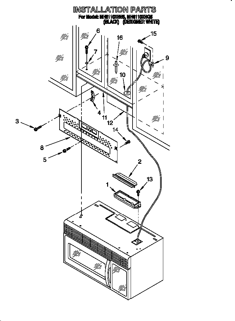 Installation Diagram and Parts List for 4361  Whirlpool Microwave