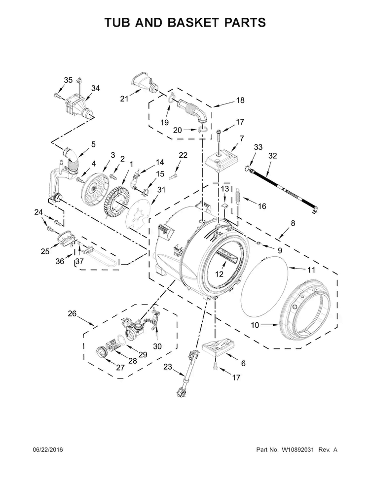 Tub And Basket Parts Diagram and Parts List for WFW85HEFW0  Whirlpool Washer