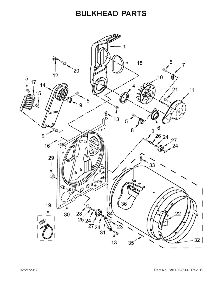Bulkhead Parts Diagram and Parts List for 4KWED4815FW0  Whirlpool Dryer