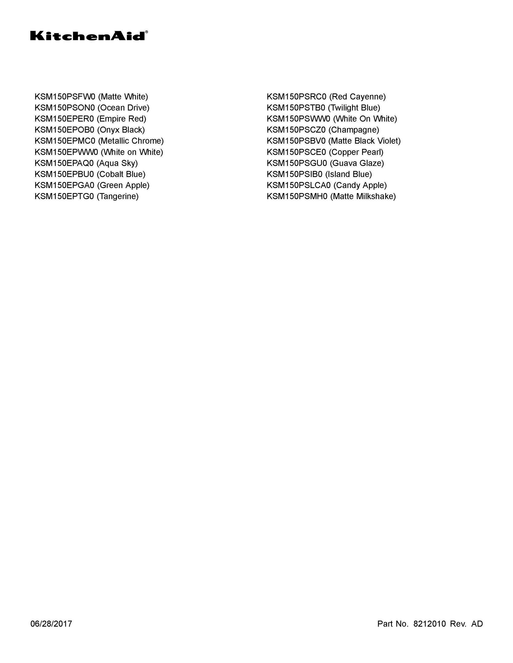 02 - COVER SHEET Diagram and Parts List for KSM150PSBV0  Whirlpool Mixer