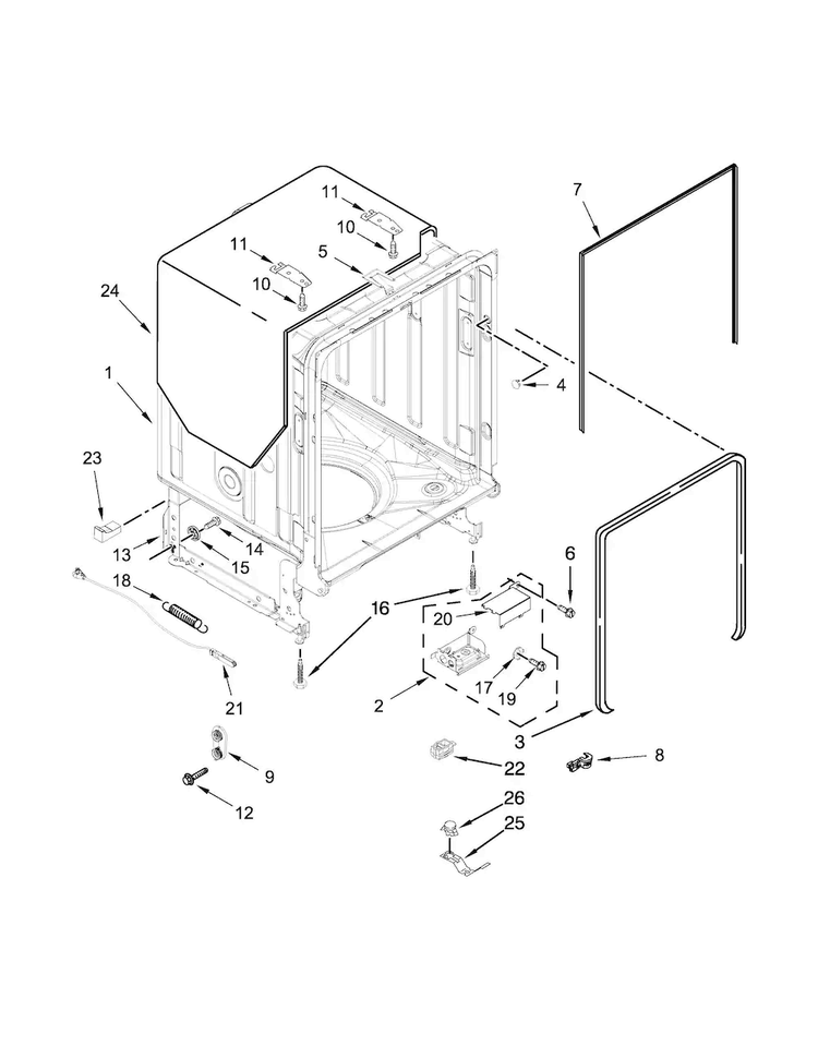 Tub And Frame Parts Diagram and Parts List for KDTE204EBL0  KitchenAid Dishwasher