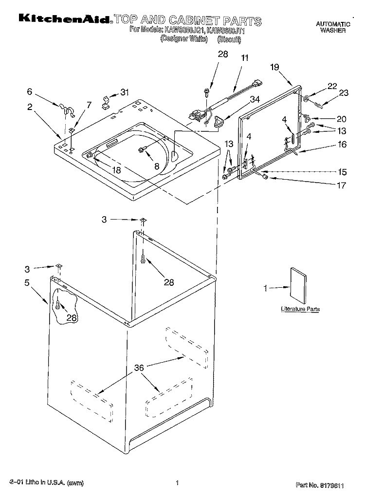 TOP AND CABINET, LITERATURE Diagram and Parts List for KAWS850JT1  KitchenAid Washer