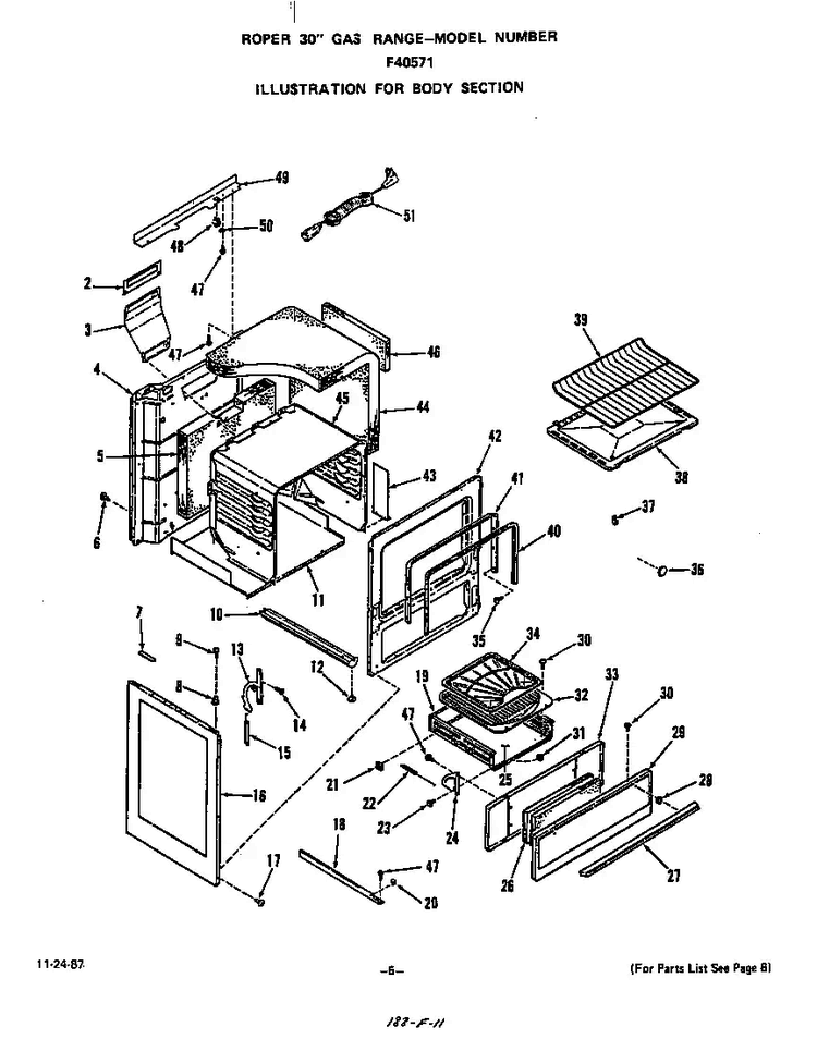 Body Diagram and Parts List for F4057*1  Roper Range